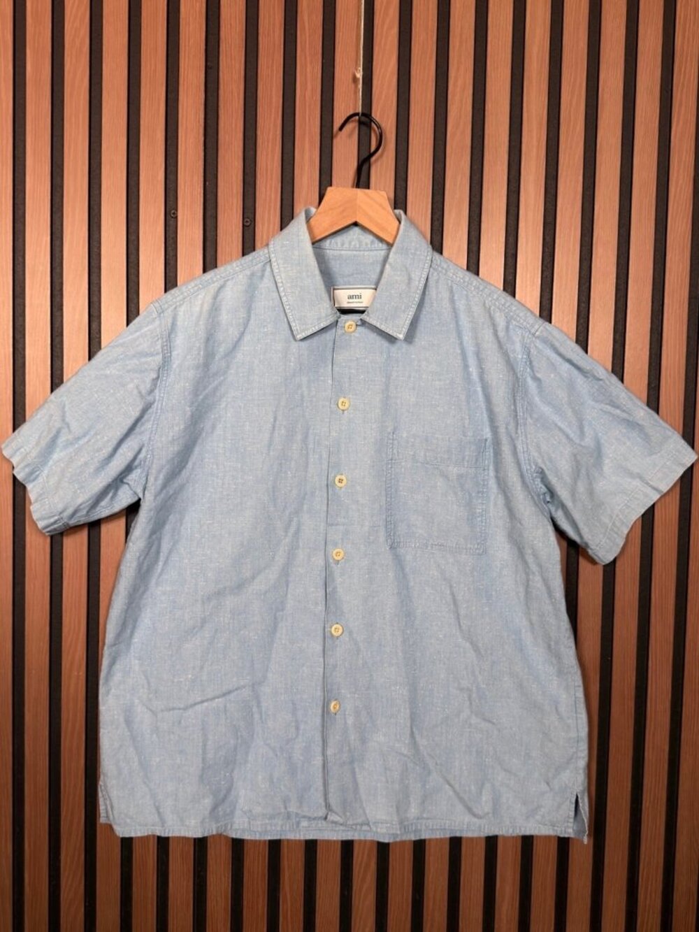 AMI Shirt Large Womens Blue Short Sleeve 100% Cotton Boxy Woven Button Up